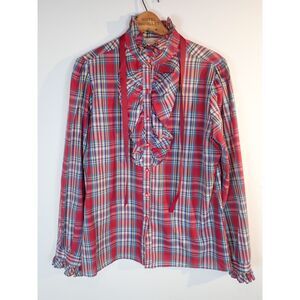 Laura Mae Vintage Retro 80's Plaid Western Prairie Blouse Size S Plaid Ruffle